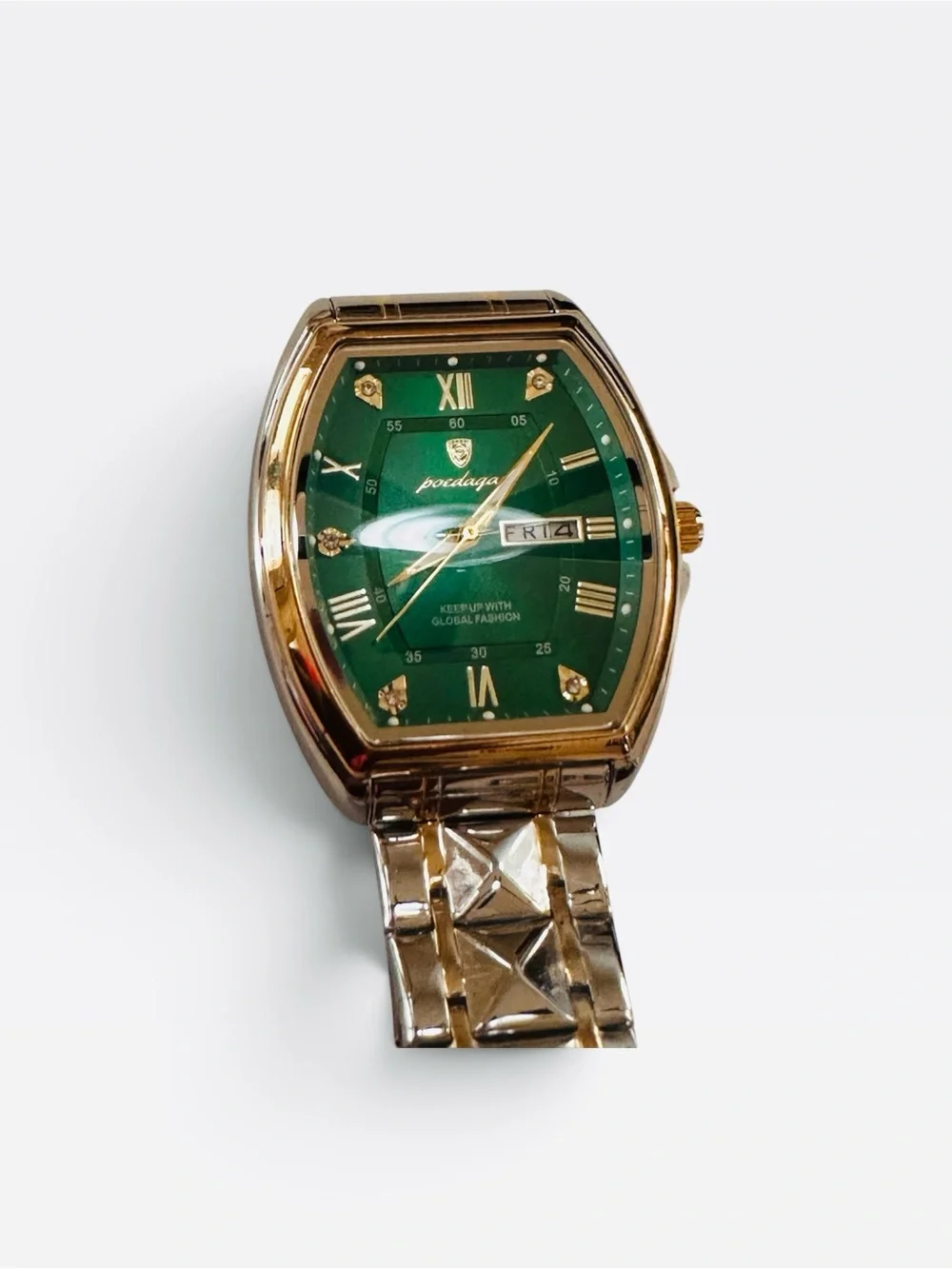 POEDAGAR Men’s Rose Gold Green Dial Day Date Quartz Watch